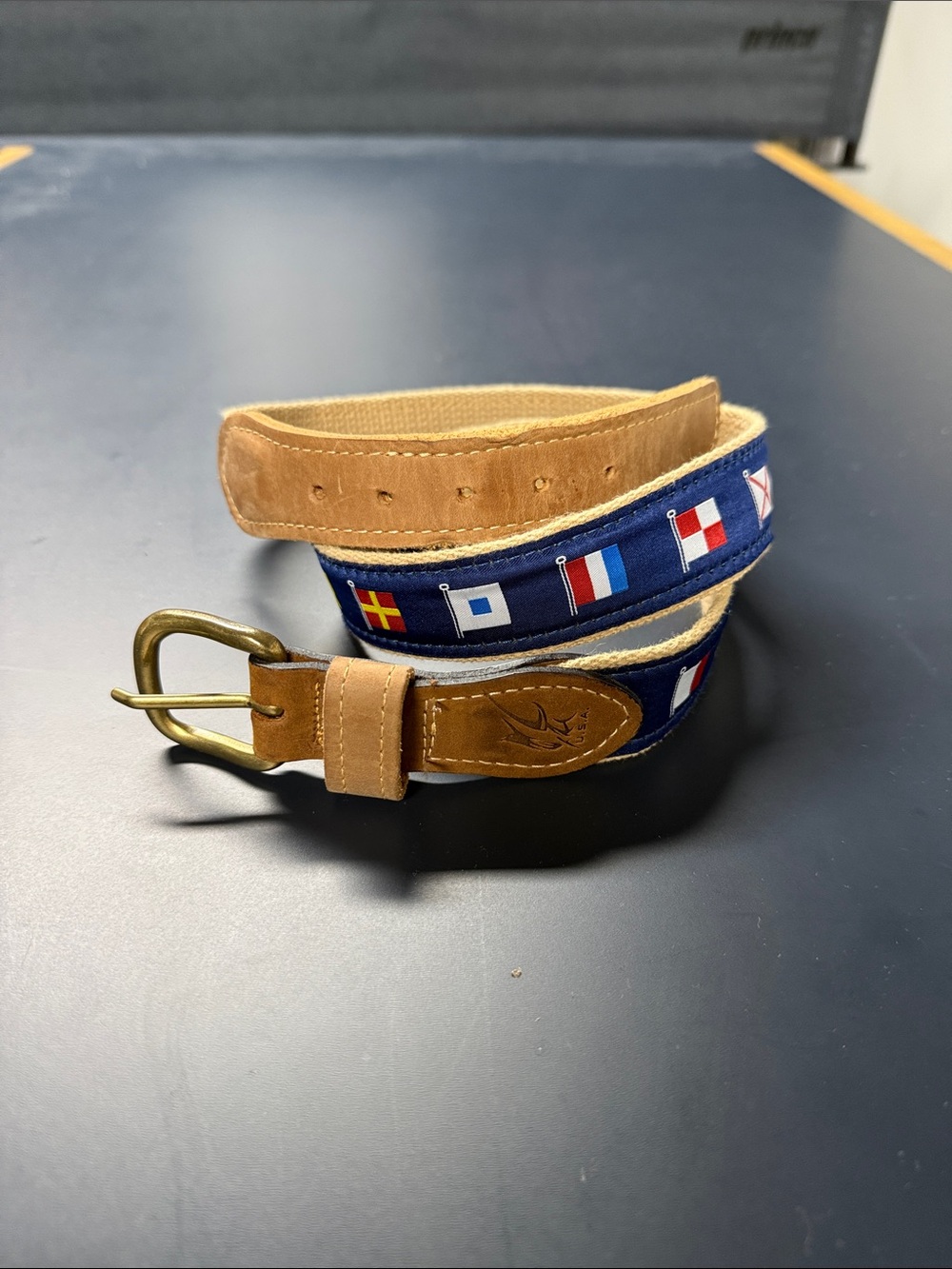 Nautical Flag Embroidered Leather-Trim Men's Belt - Blue/Tan